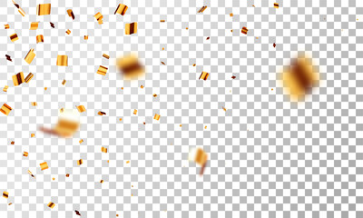 3D party gold confetti on transparent background. Render golden confetti in empty space. Metal firecracker elements in various shapes. Party, holiday, surprise or birthday events. Vector illustration