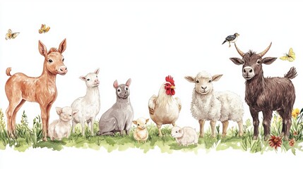 Adorable domestic animals depicted in a vibrant watercolor illustration. A playful foal, a cuddly piggy, a fluffy chicken, a loyal dog, a curious duckling, a woolly sheep, a mischievous goat