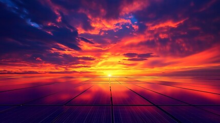 Wall Mural - A vibrant sunset paints the sky with fiery hues, its reflection mirrored in an expanse of solar panels, symbolizing the harmonious balance of nature and sustainable energy, the power of renewable reso