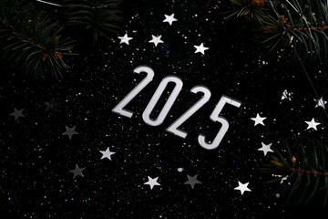 Wall Mural - new year 2025 dark background. number of the coming year in christmas decoration.