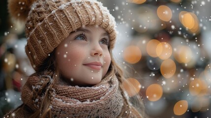 Wall Mural - Portrait of a cute little girl in a winter hat against the backdrop of a winter Christmas blurry landscape with falling snow