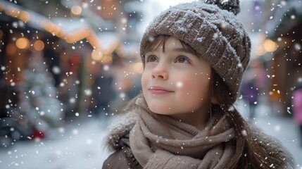 Wall Mural - Portrait of a cute little girl in a winter hat against the backdrop of a winter Christmas blurry landscape with falling snow