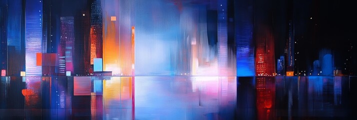 An abstract cityscape with vibrant colors and reflections in the water, symbolizing urban life, energy, dynamism, dreams, and innovation.