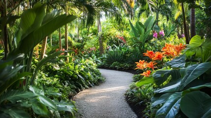 Aufkleber - A tropical garden with lush foliage, colorful flowers, and exotic plants, creating a serene and peaceful oasis in paradise.