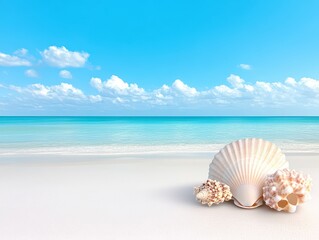 A serene beach scene featuring gentle waves, white sand, and beautiful seashells under a clear blue sky.