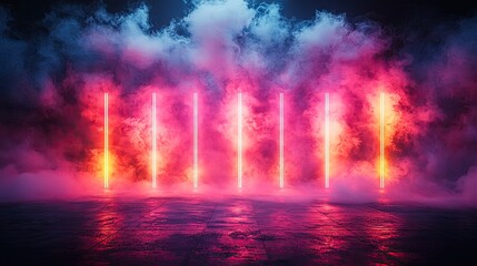 Wall Mural - Background of an empty room with smoke and neon light. Dark abstract background