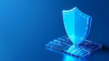 Digital shield representing cybersecurity and data protection on a blue technology background with a futuristic design.