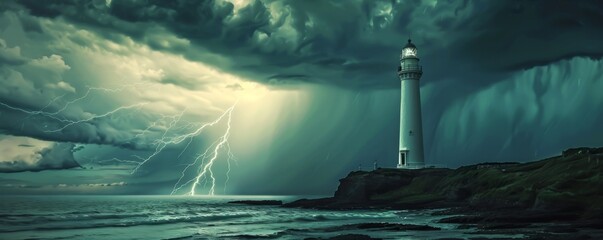 Wall Mural - Thunderstorm rain shower over coastal lighthouse, 4K hyperrealistic photo