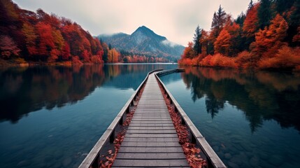 Wall Mural - Old wooden pier at foggy sunset and blue water. Long exposure, linear perspective. Neural network ai generated art