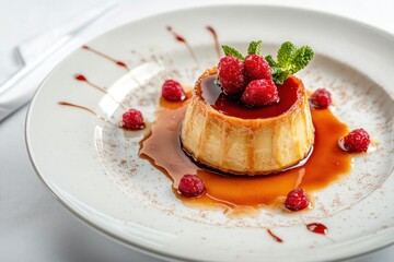 Wall Mural - Delicious Caramel Pudding Dessert with Raspberries