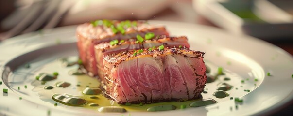 Wall Mural - Seared ahi tuna with wasabi cream, 4K hyperrealistic photo