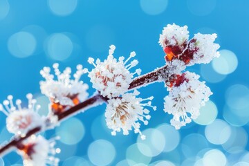 Frost covered blossom branch sparkling under a bright blue sky during winter 's chill