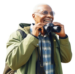 Canvas Print - PNG Happy senior african american traveler binoculars standing portrait.