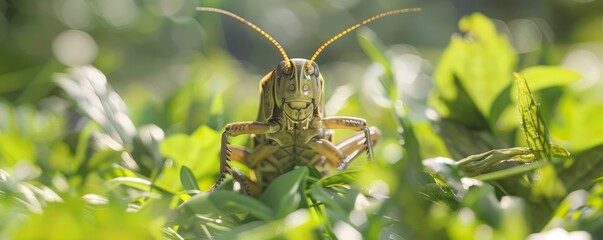 Wall Mural - Agile grasshopper jumping through garden, 4K hyperrealistic photo