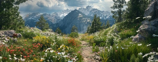 Sticker - Rocky mountain trail with wildflowers and trees, 4K hyperrealistic photo,