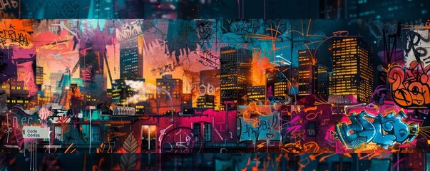 Wall Mural - Urban collage with graffiti elements and cityscape backgrounds, 4K hyperrealistic photo