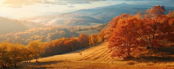 Hills covered in golden autumn leaves, 4K hyperrealistic photo,