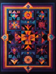 a captivating quilt showcases a mesmerizing kaleidoscope of colorful geometric stitch patterns. the 