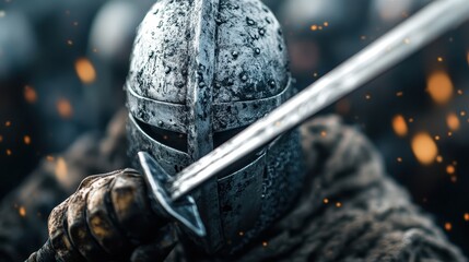 A valiant knight wearing a detailed, weathered helmet aiming a sharp sword forward, set against a backdrop of sparks and hints of a battle scene, invoking medieval heroism.