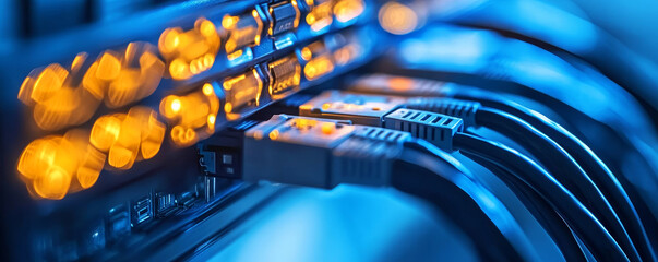 Wall Mural - neatly bundled ethernet cables connect to network switch, illuminated by glowing orange lights, show