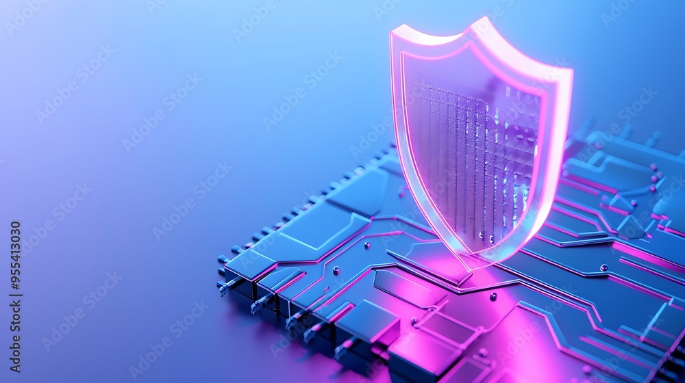 Futuristic cybersecurity concept with glowing shield icon on a ...