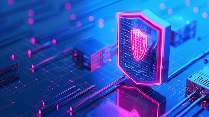 Futuristic cybersecurity concept with glowing shield icon on circuit board background, representing data protection and digital security.