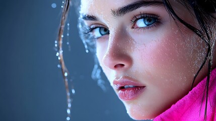 Wall Mural - Intense close-up of a female athlete’s face as she exhales deeply, with her warm breath visible in the cold air, sweat dripping down her forehead, side lighting creating soft shadows,