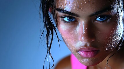 Wall Mural - Intense close-up of a female athlete's face, sweat glistening under soft studio lighting, her expression a mixture of focus and determination, with a shallow depth of field that blurs the background,