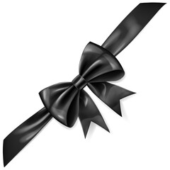 Wall Mural - Beautiful large black shiny bow with diagonal ribbon and soft shadow on white background.