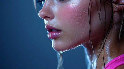 Wall Mural - Intense close-up of sweat dripping from a female athlete’s chin, with a shallow depth of field that blurs the background, focusing entirely on the droplet and the texture of her skin,