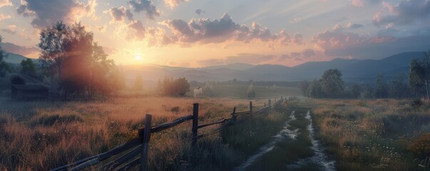 Wall Mural - Dawn breaking over a quiet countryside, 4K hyperrealistic photo,