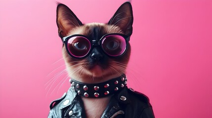 Stylized Siamese Cat Wearing Punk Rock Outfit on Colorful Backdrop