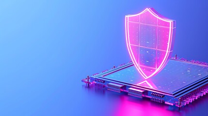 Wall Mural - Futuristic digital shield icon over a computer chip on blue background, symbolizing cybersecurity and data protection.