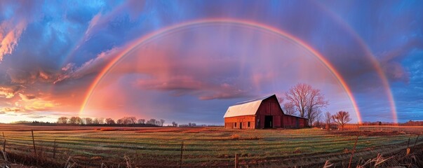 Wall Mural - Rainbow arc over country barn, 4K hyperrealistic photo