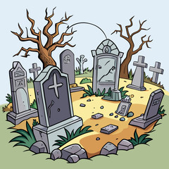 Cartoon Graveyard Crooked Tombstones, Spooky Trees - Vector Art Design