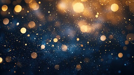 Dark blue and gold abstract background with shining bokeh particles for holiday ambiance.