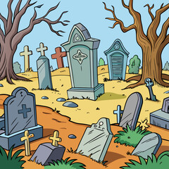 Cartoon Graveyard Crooked Tombstones, Spooky Trees - Vector Art Design