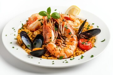 Wall Mural - Seafood Paella with Shrimps, Mussels and Lemon