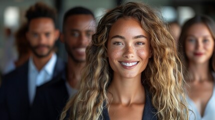 Wall Mural - A woman with curly hair is smiling at the camera