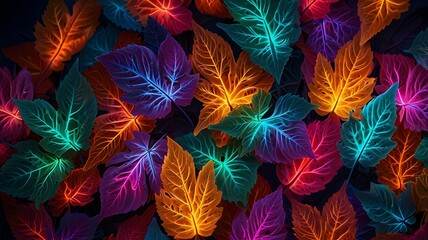 Colorful vibrant neon glowing leaves texture abstract luminous background