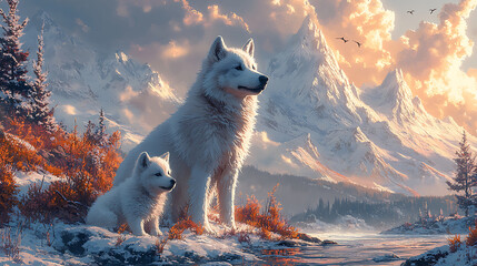 Two white wolves, one adult and one baby, in snowy mountains at sunrise.