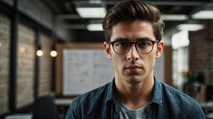 Businessman in eyeglasses looking at camera in office.