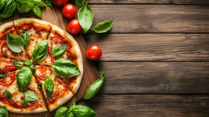 Wall Mural - Savor the sight of a freshly made pizza adorned with vibrant tomatoes and fragrant basil, beautifully arranged on a warm wooden surface, ready for enjoyment