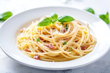 Wall Mural - Delicious Carbonara Pasta with Basil and Parmesan