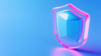 Wall Mural - Futuristic pink and blue shield on gradient background symbolizes protection, cybersecurity, and digital security in modern technology concept.