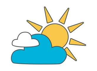 a charming depiction of the sun peeking out from behind the clouds with visible sunrays in a flat vector illustration style