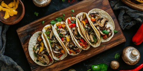 Delicious vegetarian tacos served on a wooden board with fresh ingredients