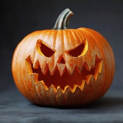 Poster - Carved Halloween pumpkin with a sinister face in dark backlighting