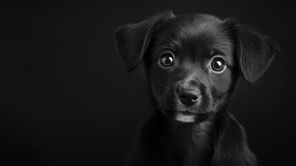 Monochrome portrait of a playful puppy with a solid black background focusing on its adorable features