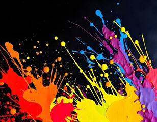 Wall Mural - black background with bright splashes of paint create with ai